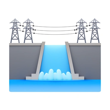 A hydropower dam with water flowing through it, generating electricity. In the foreground, there are pylons supporting power lines that extend into the distance. The electricity grid is visible, showcasing a network of interconnected lines leading to various structures. The scene captures the movement of water and the structure of the dam, emphasizing the connection between renewable energy and the power grid.