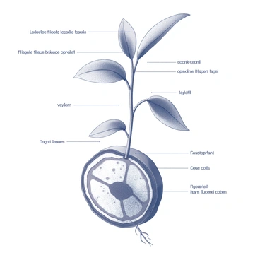 A detailed cross-section of a plant displayed in a monochrome drawing. The illustration showcases the intricate internal structures, including the stem, leaves, and roots. The stem reveals vascular tissues, with xylem and phloem clearly defined. The leaves exhibit their cellular layers, including the epidermis and mesophyll. The roots display root hairs and the cortex. Each part is labeled with clear, precise annotations to enhance understanding of the plant's anatomy.