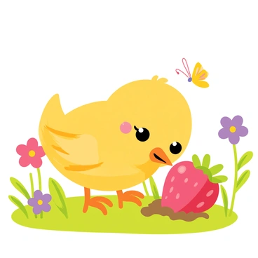 A fluffy yellow baby chick is pecking at a ripe, red strawberry nestled in vibrant green grass. Surrounding the chick, there are colorful flowers in shades of pink and purple, adding to the lively atmosphere of the lush garden. The strawberry sits on a small patch of dirt, glistening with dew drops under the warm sunlight. In the background, leafy plants and a few butterflies flutter around, enhancing the cheerful scene.