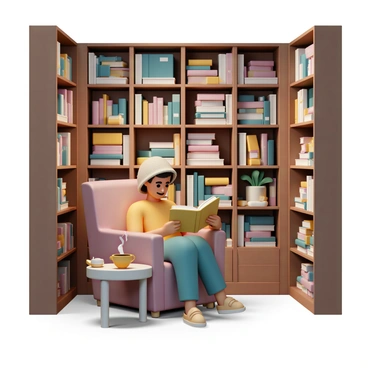 A cozy bookstore filled with wooden bookshelves stacked high with books of various sizes and colors. In the center, a person is seated in a comfortable armchair, deeply engaged in reading a book. The person is wearing a soft, cozy felt fedora that adds to the warm atmosphere. The lighting is warm and inviting, with a few small lamps illuminating the surroundings. A cup of steaming coffee rests on a small table next to the armchair, adding to the cozy ambiance.