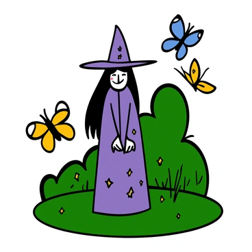 A witch with pale skin and long, flowing black hair stands in a lush green meadow. She is wearing a long, dark purple robe adorned with silver stars and a pointed hat. Surrounding her are colorful butterflies in shades of blue, orange, and yellow, fluttering gracefully in the gentle breeze. The sunlight filters through the trees, casting soft shadows on the ground, creating a vibrant and magical atmosphere.