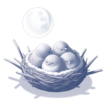 A nest made of twigs and soft materials, cradling several sleeping baby birds. The birds have fluffy feathers and are huddled closely together for warmth. Above them, a softly glowing moon provides gentle illumination, casting a delicate light over the nest. The surrounding area features intricate shadows created by the moonlight, enhancing the serene atmosphere of the scene.