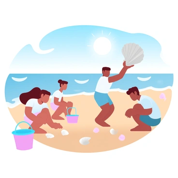 A group of children is searching for shells along the sandy shoreline. Two children are crouched down, examining the sand with bright-colored buckets beside them. Another child is holding a large shell up in the air, showcasing it to the others. The sun is shining brightly, casting warm light on the scene. In the background, gentle waves are lapping at the shore, and a few scattered seashells are visible on the sand. A vibrant blue sky completes the atmosphere of a sunny day at the beach.