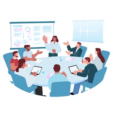 A product owner is standing at the head of a conference table, actively discussing project updates. Around the table, diverse team members are seated, representing various backgrounds and expertise. Some team members are taking notes on laptops, while others are engaged in conversation with their hands gesturing. A large whiteboard in the background displays project timelines and notes. The conference room features modern design elements, with a large window allowing natural light to fill the space. Various office supplies and documents are scattered across the table, contributing to a collaborative atmosphere.