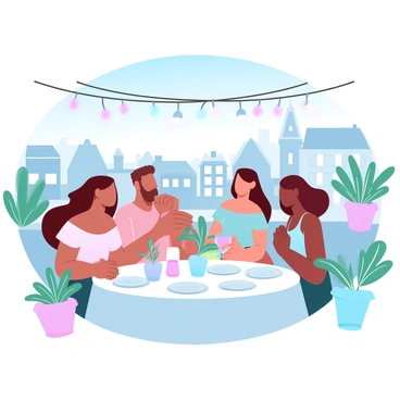 A group of friends is gathered around a table set for a garden party on a vibrant Parisian rooftop. The table is adorned with colorful tableware and fresh flowers in small vases. A backdrop of quaint Parisian buildings and a clear blue sky can be seen. There are string lights hanging above, casting a warm glow. The friends are enjoying drinks and sharing laughter, surrounded by potted plants and herbs. The scene conveys a lively and cheerful atmosphere.