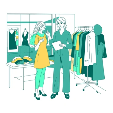 A teal style coach is standing next to a client inside a white chic boutique. The style coach has a clipboard in hand, providing suggestions while pointing at various outfits hanging on display. The client, looking intrigued, is holding up a vibrant yellow dress, examining it closely. Around them, there are racks filled with colorful garments, stylish accessories neatly arranged on tables, and elegant mirrors reflecting the bustling environment. The boutique has a polished floor and soft lighting that enhances the inviting atmosphere.