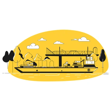 A large industrial barge floating on the surface of a wide river, with heavy machinery securely loaded on top. The barge is designed with a flat deck and towering sides, and it is surrounded by gentle ripples in the water. In the background, there are trees lining the riverbank, creating a natural contrast to the industrial scene. A distant bridge spans across the river, and a few clouds drift in the sky above, casting shadows on the water.