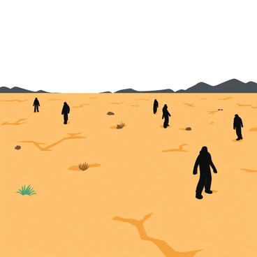 A barren wasteland stretches out under a cloudy sky, with cracked, dry ground scattered with debris. Shadowy figures, indistinct and ghostly, wander aimlessly across the landscape. Some of the figures are tall and elongated, while others are short and hunched. The atmosphere is dense with a sense of isolation, as sparse tufts of dry grass sway in a faint breeze. In the distance, jagged silhouettes of distant hills emerge against the horizon, adding to the desolate feel of the scene.