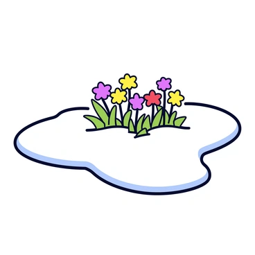 A patch of snow-covered tundra is visible, with a layer of white snow reflecting the sunlight. Emerging from the snow, there is a vibrant cluster of colorful wildflowers in various shades of purple, yellow, and red. The flowers are surrounded by small patches of green grass, contrasting with the white snow. The scene captures the juxtaposition of the delicate flowers and the cold, wintery landscape.