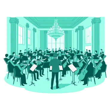 A teal orchestra is rehearsing in a spacious grand hall. The conductor stands at the front, passionately leading the musicians with a baton in hand. The musicians are arranged in rows, each playing their instruments, which include violins, cellos, and brass instruments. The grand hall features tall, ornate columns and a high ceiling, with large windows allowing light to stream in, illuminating the scene. The floor is polished, reflecting the musicians and their instruments. In the background, a large, intricate chandelier hangs from the ceiling, adding to the grandeur of the setting.