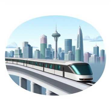 A sleek monorail train, designed with a streamlined metallic body, is gliding effortlessly on its elevated track. The train features large panoramic windows, reflecting the vibrant colors of the surrounding skyline. In the background, the futuristic skyline of Seattle is visible, showcasing towering skyscrapers with unique architectural designs, glass facades, and illuminated LED accents. The iconic Space Needle stands prominently among the buildings, with a clear blue sky above. The scene captures a sense of movement as the train traverses the cityscape, creating a dynamic and modern atmosphere.