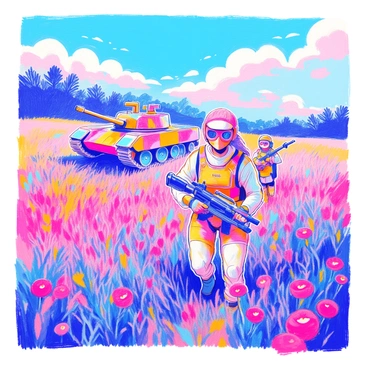 A tank girl wearing a tactical vest and a helmet is leading a paintball team in a vibrant, colorful field filled with flowers and tall grass. She has a confident stance, holding a paintball gun with a focused expression. Behind her, a tank is partially hidden, camouflaged with bright patterns that blend into the surroundings. The team members are dressed in protective gear, preparing for the game. The sky above is clear, and the sunlight illuminates the scene, highlighting the dynamic atmosphere of the paintball battlefield.