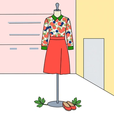 A sleek mannequin stands in the center of a bright boutique, showcasing a fashionable outfit featuring a vibrant berry print design. The outfit includes a fitted blouse with a colorful array of berries such as strawberries and blueberries, elegantly paired with a flowing knee-length skirt that has matching berry motifs. The mannequin has a shiny, modern finish, and the boutique's walls are painted in soft pastel colors, enhancing the visual appeal of the displayed outfit. There are small decorative elements around the base, such as a few sprigs of faux greenery and a pair of stylish shoes placed beside the mannequin. The overall atmosphere is chic and inviting.