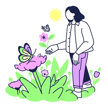 A person is standing in a garden, carefully watching a butterfly that has just landed on a vibrant flower. The person has medium-length hair and is wearing a light-colored shirt and jeans. The butterfly is resting delicately on the flower's petals, showcasing its intricate patterns and wings. Surrounding them are various other flowers and green foliage, creating a lively garden atmosphere. The sun is shining, casting a warm light over the scene, highlighting the details of both the butterfly and the flower.