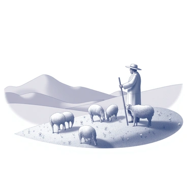 A shepherd is standing on a gently sloping hillside, surrounded by a flock of sheep. The shepherd is wearing a wide-brimmed hat and holding a long wooden staff, guiding the sheep with careful attention. The sheep are scattered across the landscape, some grazing on the grass while others wander curiously. The hillside is dotted with tufts of grass and small wildflowers, creating a textured surface. In the distance, there are more rolling hills that stretch towards the horizon, enhancing the sense of open space.