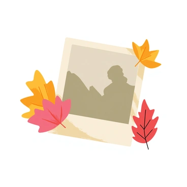 A vintage photograph with a slightly yellowed edge and a faded black-and-white image sits in the center of the composition. Scattered around the photograph are various autumn leaves in shades of orange, red, and brown, some overlapping the edges of the photo. Soft light gently illuminates the scene, creating a warm and nostalgic atmosphere around the photograph and leaves.