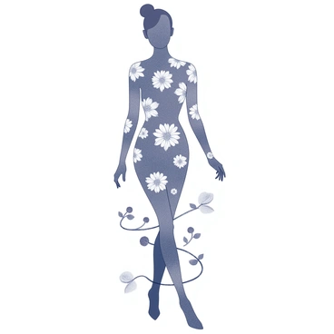 A fashion model silhouette stands gracefully in a confident pose. The outline of the figure is accentuated by intricate floral patterns and twisting vines that overlay the silhouette. The flowers vary in shape and size, some blooming with detailed petals while others are more closed. The vines weave around the figure, curling elegantly and adding a sense of movement. The overall composition highlights the contrast between the clean lines of the silhouette and the organic forms of the flora intertwined.