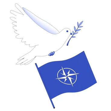 A white dove is soaring gracefully through the air, clutching an olive branch gently in its beak. Below it, a NATO flag is unfurled prominently, showcasing its recognizable emblem at the center. The dove's wings are spread wide, creating a sense of movement as it glides. The olive branch is detailed with small leaves, emphasizing its symbolism of peace. The NATO flag features a circular design with four lines radiating outward from the center, capturing the viewer's attention.