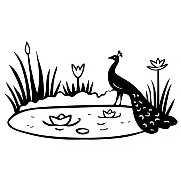 A serene scene of a paon resting next to a tranquil pond filled with lotus flowers