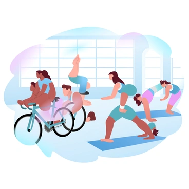 A group of individuals is engaged in an indoor cycling class, each person focused on their bicycles in a spacious, well-lit studio. The participants are wearing vibrant workout gear and are in various stages of pedaling. In the background, there is a seamless transition to a yoga session taking place on mats. Some individuals are stretched in a downward dog position, while others are performing warrior poses. Soft gradient pastel colors fill the studio, creating an atmosphere of tranquility and energy. Sunlight filters through large windows, illuminating the space with a warm glow.