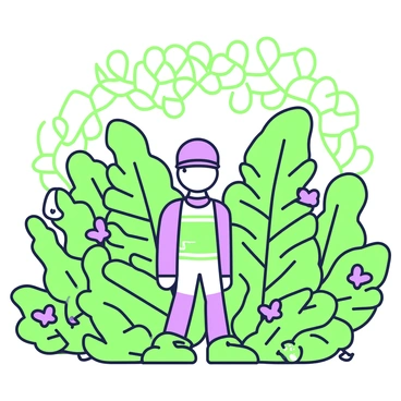 A stickman explorer stands in the center of a lush jungle, surrounded by various dense plants. The stickman has a simple outline, with a circular head and elongated limbs. Tall, vibrant green ferns rise on either side, their fronds arching over the explorer. In front of the stickman, a large green-leaved plant is visible, adding to the density of the scene. Small purple flowers dot the foliage, providing contrast. Above, the canopy is thick with interconnected branches, with hints of light filtering through the leaves. A few small animals, such as a green tree frog and a purple butterfly, can be seen within the foliage, emphasizing the wildlife aspect of the environment.