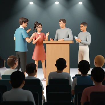 A group of three students stands on stage, passionately debating each other. The first student, wearing glasses, has short brown hair and is dressed in a blue shirt and black pants. The second student, with long black hair tied back, is wearing a red dress and gestures emphatically as she speaks. The third student, sporting a buzz cut, is dressed in a gray sweater and khaki pants, holding a notepad. In front of them is a wooden podium, where one student leans slightly as they make a point. The audience, consisting of diverse individuals of various ages and backgrounds, sits in darkened chairs, listening intently with expressions of interest and engagement. Bright stage lights illuminate the scene, highlighting the students and the podium while casting soft shadows in the background.