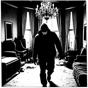 A thief is moving carefully through a dark, abandoned mansion. The thief is dressed in dark clothing, blending into the shadows. Their face is partially obscured by a mask, and they have a look of determination. Dust and cobwebs are visible in the air, adding to the atmosphere. Faded wallpaper peels from the walls, and old, broken furniture is scattered throughout the room. The moonlight filters through cracked windows, casting eerie shadows on the floor. In the background, a large, ornate chandelier hangs precariously from the ceiling. The atmosphere feels tense and suspenseful.