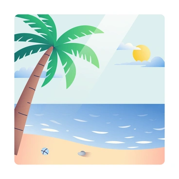 A tropical beach scene is depicted with soft waves gently lapping at the shore. In the foreground, tall palm trees with green fronds are bending gracefully over the edge of a half illustration board. The sandy beach is dotted with small seashells and smooth stones. In the background, the ocean stretches out, reflecting the blue sky above with a few fluffy white clouds scattered throughout. The sun is positioned low in the sky, casting a warm golden light across the landscape.