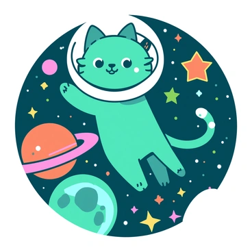 A teal cat in a shiny spacesuit is floating gracefully among various planets and twinkling stars. The spacesuit has a transparent helmet that reveals the cat's curious expression. Surrounding the cat are colorful planets, including a large orange planet with rings and a small white moon. The backdrop is filled with countless sparkling stars, creating a vibrant celestial scene. The cat's tail is gently swaying in the weightlessness of space.
