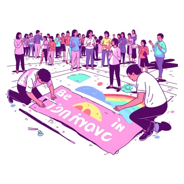 A group of artists is working together on a large expanse of pavement, creating vibrant chalk drawings that convey messages of hope. One artist in the foreground is bending down, using a bright pink piece of chalk to write the phrase "Believe in Tomorrow" in large, flowing letters. Another artist is adding colorful illustrations of flowers and sunrays surrounding the text. A third artist is sketching a rainbow in bold, contrasting colors, creating a lively atmosphere. In the background, a small crowd of onlookers, including children and adults, is admiring the artwork as they gather around, some clapping and others taking pictures. The scene is filled with energy and creativity as the pavement transforms into a canvas of optimism.
