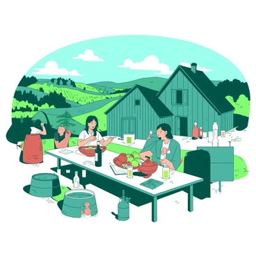 A teal farmhouse with wooden beams and a thatched roof is set against a backdrop of green rolling hills in Normandy. A long wooden table is positioned outside, adorned with various bottles of cider and rustic glassware. On the table, there are bowls filled with fresh apples in shades of red and green. A few people are seated around the table, sipping cider and engaged in conversation, while one person is taking notes on a notepad. Nearby, there are barrels used for fermenting cider, and a picturesque orchard with apple trees in the distance. The sky is clear with a hint of soft white clouds.