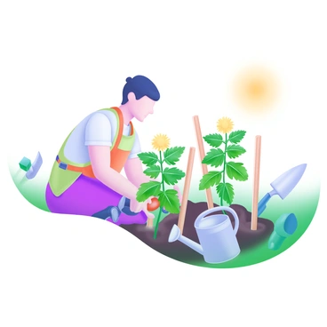 A sunny garden scene featuring a gardener kneeling beside young tomato plants. The gardener is using wooden stakes to provide support to the plants. The tomato plants have lush green leaves and small yellow flowers. Bright sunlight casts gentle shadows, enhancing the vibrant colors of the garden. Surrounding the gardener are various gardening tools, including a trowel and a watering can, placed neatly in the soil.