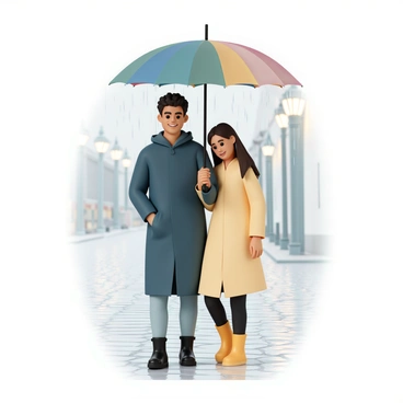 A couple, a man and a woman, walking closely together under a large, colorful umbrella. The man is wearing a dark blue raincoat and black boots, while the woman is dressed in a light yellow raincoat and matching yellow rain boots. They both have content smiles on their faces. The cobblestone street is glistening with light rain, reflecting the soft glow of nearby street lamps. Raindrops can be seen falling gently around them, creating a tranquil atmosphere.