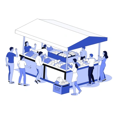 A lively farmers market stall is filled with fresh produce. Various fruits and vegetables are displayed in baskets and crates, showcasing an abundance of colors and shapes. Consumers are gathered around the stall, some examining the produce closely, while others are filling their bags. A vendor stands behind the stall, engaging with customers and offering samples. The scene is bustling with activity, as shoppers are conversing and negotiating prices. Sunlight casts shadows from the stall's awning, enhancing the energetic atmosphere of the market.