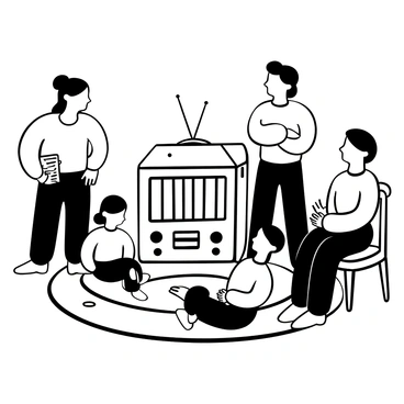 A family gathered around a large "1930s radio," with several members sitting on a vintage patterned rug. The radio has intricate wood carvings and a glowing dial. A child is sitting cross-legged, leaning forward with keen interest. An adult is seated on a nearby wooden chair, holding a newspaper. Another adult stands behind them, with arms crossed, looking toward the radio. The room has a cozy atmosphere with shadows cast by the light of the radio. "Listening attentively to a broadcast," is depicted as sound waves emanating from the radio.