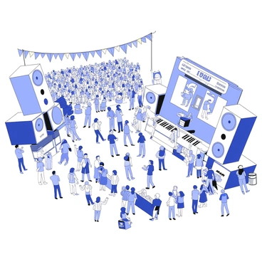 A bustling street festival takes place, filled with crowds of people gathered together. Stages are set up along the street, each adorned with large speakers and colorful banners. Musicians perform on the stages, showcasing diverse music acts that draw enthusiastic cheers from the audience. People of various ages and backgrounds dance and sway to the rhythm, some holding drinks and snacks. Vendors line the sides of the street, offering an array of food choices. Colorful decorations and festive lights hang above the street, creating an energetic atmosphere.