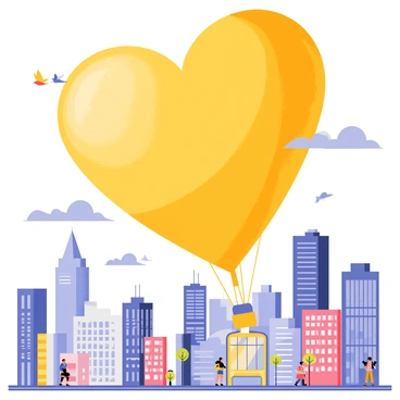 A giant "golden heart-shaped balloon" is floating above a bustling cityscape. The balloon is shiny and reflective, casting a warm glow on the buildings below. Below the balloon, a variety of tall buildings, including glass skyscrapers and brick structures, can be seen. The sky is a bright blue with a few fluffy white clouds scattered throughout. Small, colorful birds fly around the balloon, adding a sense of movement to the scene. The street below is filled with tiny figures of people going about their day, looking up in awe at the giant balloon above them.