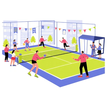 A lively pickleball game is taking place in an inner-city sports complex. Two pairs of players, one wearing bright red and blue jerseys, are fiercely rallying the ball back and forth. The court is surrounded by tall, urban buildings, and large windows allow natural light to flood the space. Spectators are gathered along the sidelines, some cheering while others are enjoying snacks from a nearby concession stand. Colorful banners hang from the ceiling, promoting community events and activities. The energy in the complex is vibrant, reflecting the excitement of the game.