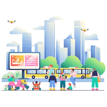 A vibrant cityscape is filled with tall, modern skyscrapers made of glass and steel reflecting the sunlight. In the foreground, people are interacting with large digital screens displaying helpful information. A group of children is playing with robotic toys that are colorful and engaging. Electric buses are gliding smoothly along the streets, powered by renewable energy. Drones are flying overhead, delivering packages efficiently to residents. In the park, people are using augmented reality devices to learn about the plants around them while a friendly robot is assisting an elderly person with their groceries. The atmosphere is lively, showcasing the positive impact of AI technology on daily life.