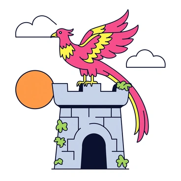 A phoenix with vibrant red and gold feathers is standing majestically atop an ancient stone castle tower. The tower is made of weathered gray stones and has ivy creeping up its sides. The sun is setting in the background, casting a warm orange glow around the scene. The phoenix's wings are slightly spread as if ready to take flight, and its sharp eyes scan the horizon. The castle tower features a pointed roof with battlements, and there are a few clouds in the sky.