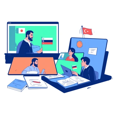 A group of scholars from different countries is engaged in a virtual meeting, each scholar appearing on their own screen. The first scholar has a teal background, displaying a small flag of their country to the side. The second scholar's background is white, featuring a different colored flag prominently. The third scholar is sitting against a blue background, with their country's flag hanging above their desk. The fourth scholar's screen shows an orange backdrop, and a flag is visible on the wall behind them. Each scholar appears focused and is participating actively in the discussion, with notes and books visible in their respective environments.