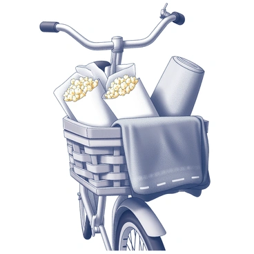 A bicycle basket is positioned at the front of a vintage bicycle. The basket is woven and has a rustic appearance. Inside the basket, there are several bags of popcorn, each filled to the brim and slightly crumpled at the top. Next to the popcorn bags, a neatly rolled-up blanket is tucked in, with visible textures and patterns. The bicycle features classic handlebars and a shiny bell, enhancing the vintage feel of the scene.