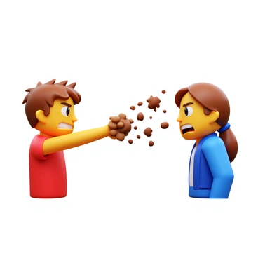 Two characters facing each other with intense expressions, one character has their arm extended, hurling clumps of brown mud towards the other. The character throwing the mud has short, messy hair and is wearing a bright red shirt, while the receiving character, with long hair tied back, is wearing a blue jacket and looks shocked. The scene captures the tension between them, with splatters of mud frozen mid-air, emphasizing the act of throwing. The background is a simple, neutral color to keep the focus on the characters and their confrontation.