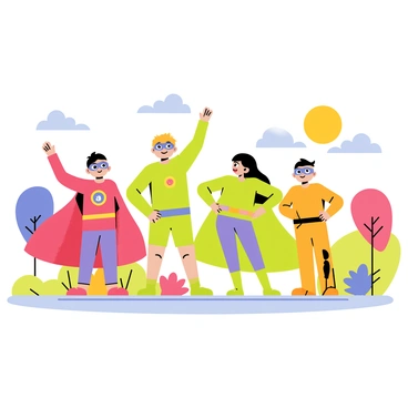 A group of four children dressed as superheroes stands in a colorful park. One child is wearing a red cape with a blue mask, while another has a green suit with a yellow emblem on the chest. The third child wears purple tights and a mask, and the fourth has a bright orange outfit with a black belt. They strike dynamic poses, pretending to fly and save the day. In the background, colorful trees and flowers add to the cheerful atmosphere. The sky is clear with a shining sun, enhancing the playful scene.