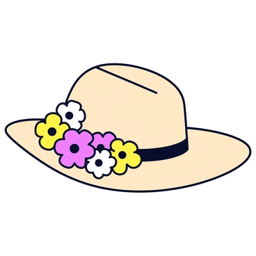 A wide-brimmed summer hat in a light beige color. The hat features a soft, woven texture. Adorning the brim is a cluster of fresh flowers in vibrant colors, including pink, yellow, and white. The flowers are arranged in a natural, overlapping pattern, adding a touch of liveliness to the hat. The interior band of the hat is a darker shade, providing contrast to the light exterior.