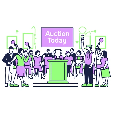 An auction hall is filled with bidders eagerly raising their paddles. In the center, a wooden podium displays a shiny antique vase, catching the attention of the crowd. Rows of chairs are occupied by people in formal attire, with some wearing hats. The walls of the hall are adorned with framed paintings. A large banner hangs above the podium, with the text "Auction Today" in bold letters. The bright lights illuminate the scene, highlighting the excitement and anticipation of the bidders.