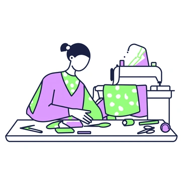 A seamstress is seated at a wooden table, meticulously cutting fabric for a "bubu gown." She is wearing a patterned dress and has her hair tied back. Scattered around her are various sewing tools including scissors, a measuring tape, and colorful spools of thread. The fabric is vibrant and draped neatly on the table, waiting to be shaped. In the background, there is a sewing machine with a half-finished garment beside it.