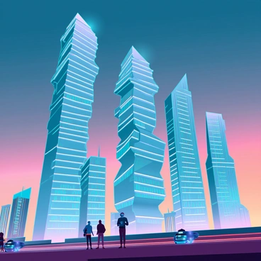 A series of futuristic skyscrapers in a city skyline, each one animatedly transforming and growing in size. The buildings feature sleek, reflective glass façades and dynamic shapes that change in real-time. Some skyscrapers are twisting and morphing, revealing intricate patterns and bright neon colors. The scene is set during twilight, with a gradient sky transitioning from deep blue to vibrant orange. Below, a bustling city street with flying vehicles and pedestrians observing the transformation in awe. Bright lights from the buildings illuminate the surroundings, creating a lively and energetic atmosphere.