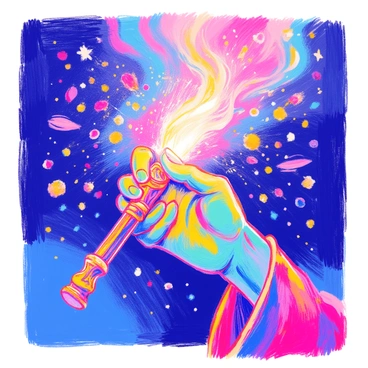 A close-up of a hand with green skin, reminiscent of Elphaba, is gripping a glowing magic wand. The wand is intricately designed with ornate carvings and emanates a bright, mystical light. Surrounding the wand are numerous sparkling particles, shimmering in various colors, enhancing the magical atmosphere. The background is softly blurred, focusing attention on the hand and wand, creating a sense of wonder and enchantment.