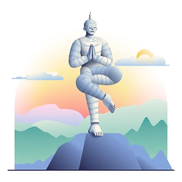 The Tin Man is standing on a mountaintop at sunrise, practicing yoga in a tree pose. He has a shiny metallic body with intricate details, and his face is expressive, showing concentration. The sun is just beginning to rise, casting warm golden light across the sky. Soft clouds are scattered in the background, tinted with shades of orange and pink. Below the mountaintop, a lush green valley is visible, enhancing the peaceful atmosphere. The Tin Man's arms are raised, and his legs are firmly positioned, showcasing his balance and dedication to the practice.